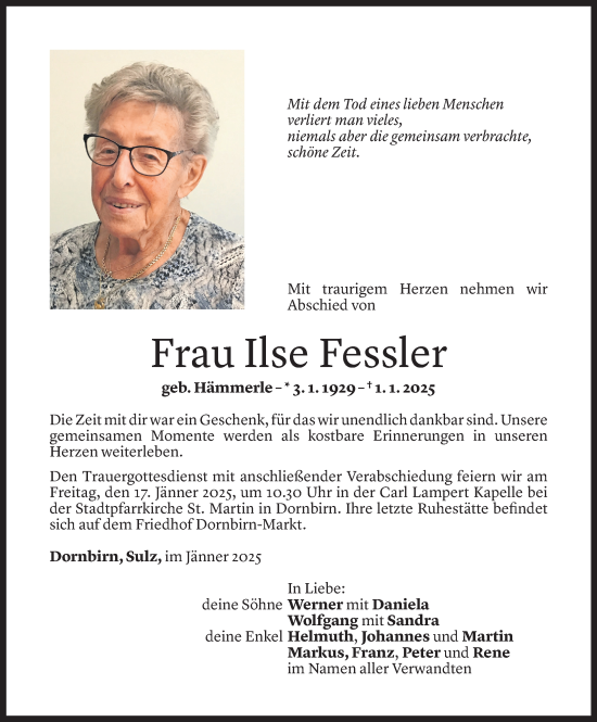 Todesanzeige von Ilse Fessler von Vorarlberger Nachrichten