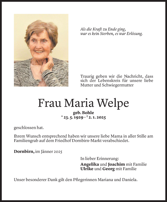 Todesanzeige von Maria Welpe von Vorarlberger Nachrichten