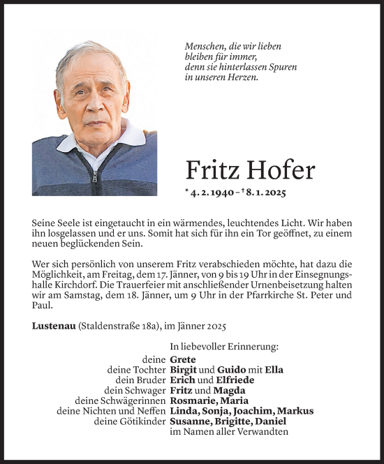 Todesanzeige von Fritz Hofer von Vorarlberger Nachrichten