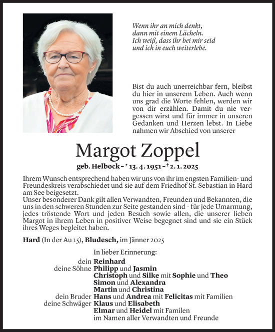 Todesanzeige von Margot Zoppel von Vorarlberger Nachrichten