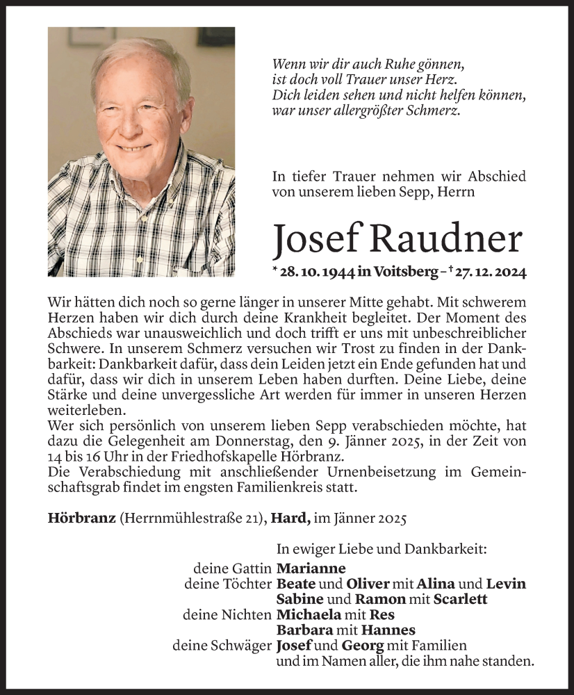  Todesanzeige für Josef Raudner vom 03.01.2025 aus Vorarlberger Nachrichten