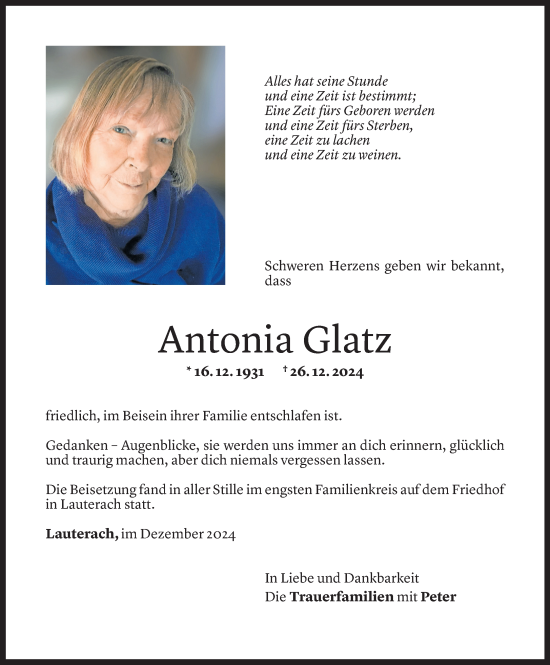 Todesanzeige von Antonia Glatz von Vorarlberger Nachrichten