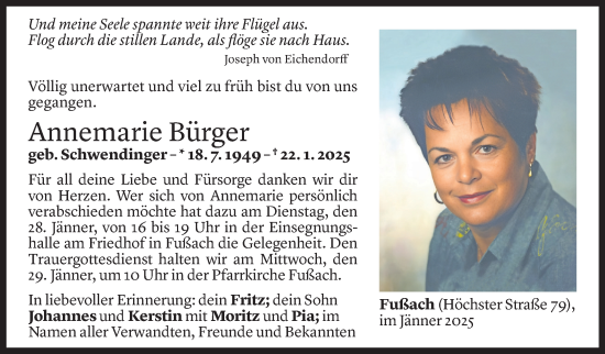Todesanzeige von Annemarie Bürger von Vorarlberger Nachrichten