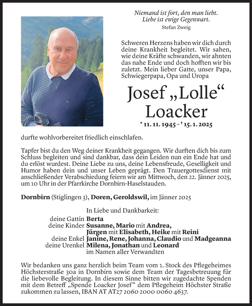  Todesanzeige für Josef Loacker vom 17.01.2025 aus Vorarlberger Nachrichten