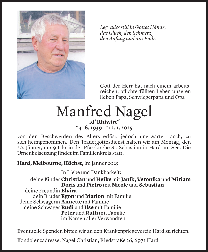  Todesanzeige für Manfred Nagel vom 15.01.2025 aus Vorarlberger Nachrichten