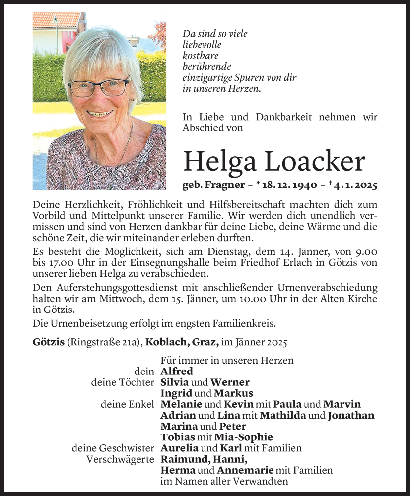  Todesanzeige für Helga Loacker vom 08.01.2025 aus Vorarlberger Nachrichten