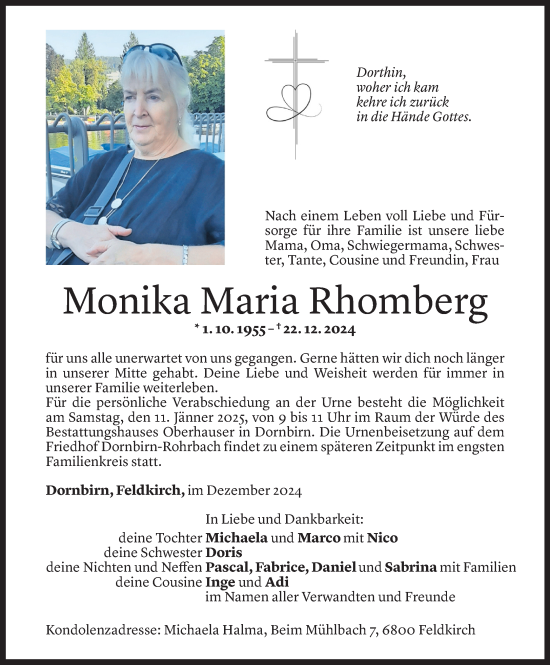 Todesanzeige von Monika Maria Rhomberg von Vorarlberger Nachrichten