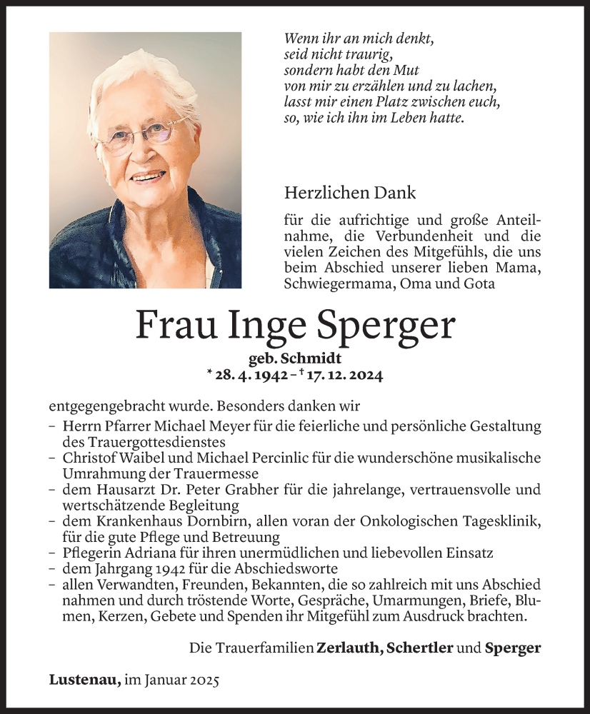  Todesanzeige für Inge Sperger vom 22.01.2025 aus Vorarlberger Nachrichten