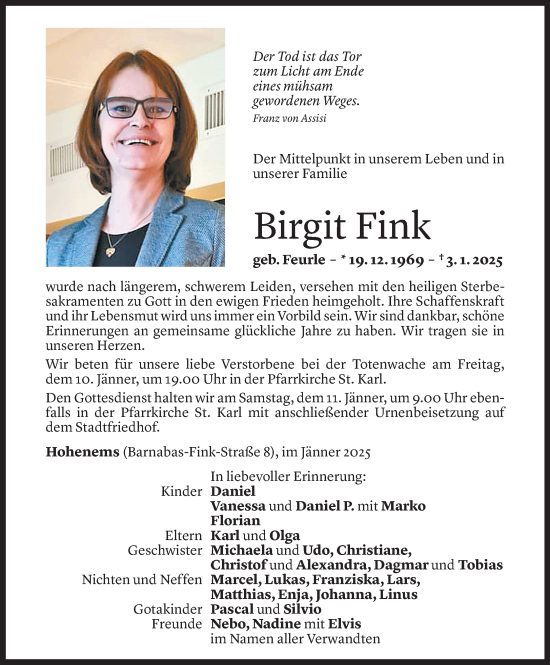 Todesanzeige von Birgit Fink von Vorarlberger Nachrichten