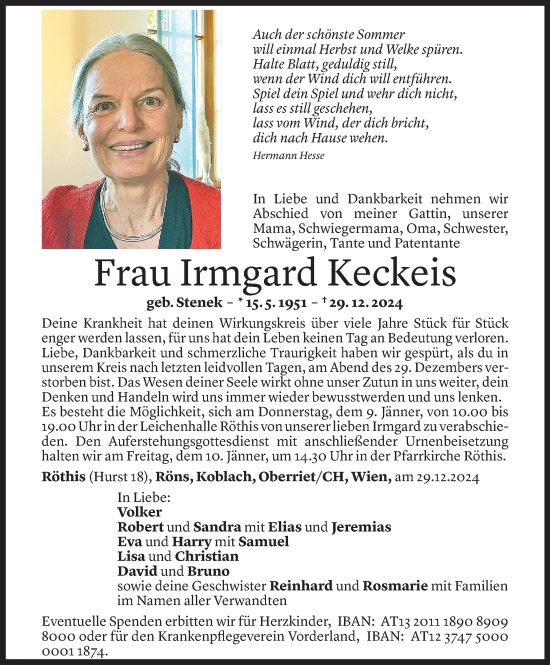 Todesanzeige von Irmgard Keckeis von Vorarlberger Nachrichten