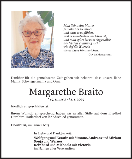 Todesanzeige von Margarethe Braito von Vorarlberger Nachrichten