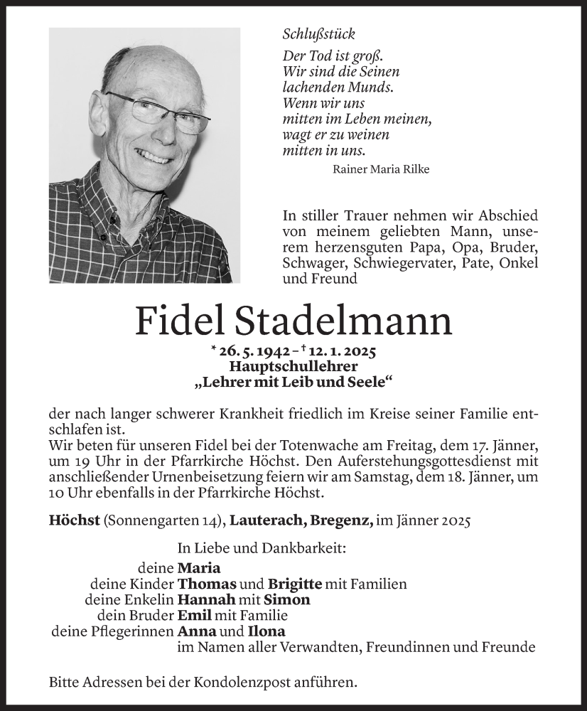  Todesanzeige für Fidel Stadelmann vom 14.01.2025 aus Vorarlberger Nachrichten