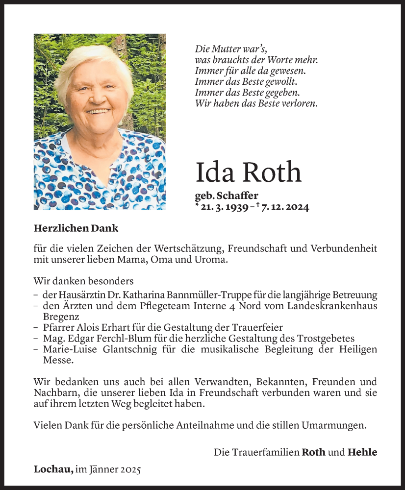  Todesanzeige für Ida Roth vom 03.01.2025 aus Vorarlberger Nachrichten
