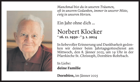 Todesanzeige von Norbert Klocker von Vorarlberger Nachrichten