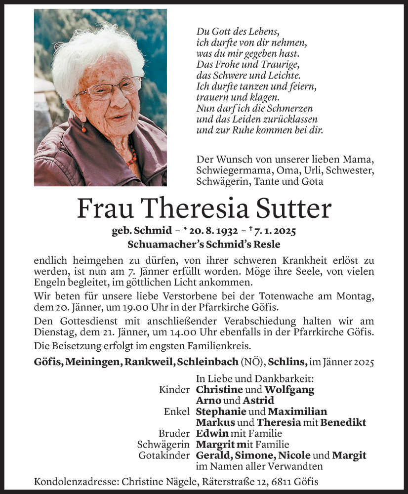  Todesanzeige für Theresia Sutter vom 12.01.2025 aus Vorarlberger Nachrichten