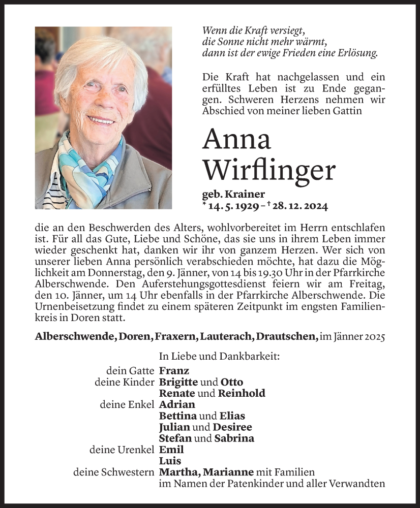  Todesanzeige für Anna Wirflinger vom 07.01.2025 aus Vorarlberger Nachrichten