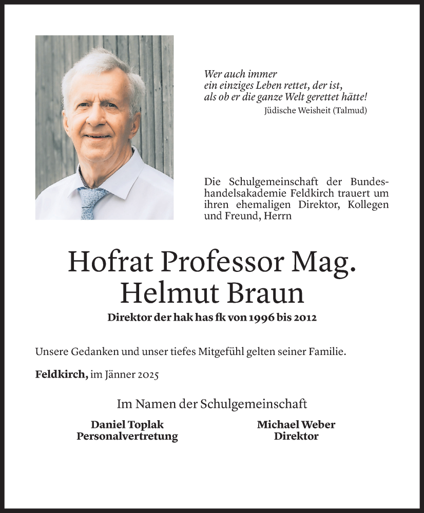  Todesanzeige für Helmut Braun vom 27.01.2025 aus Vorarlberger Nachrichten