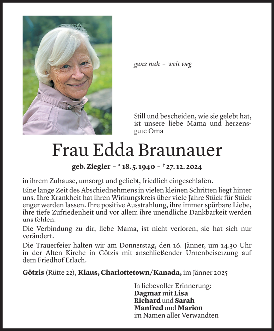 Todesanzeige von Edda Braunauer von Vorarlberger Nachrichten