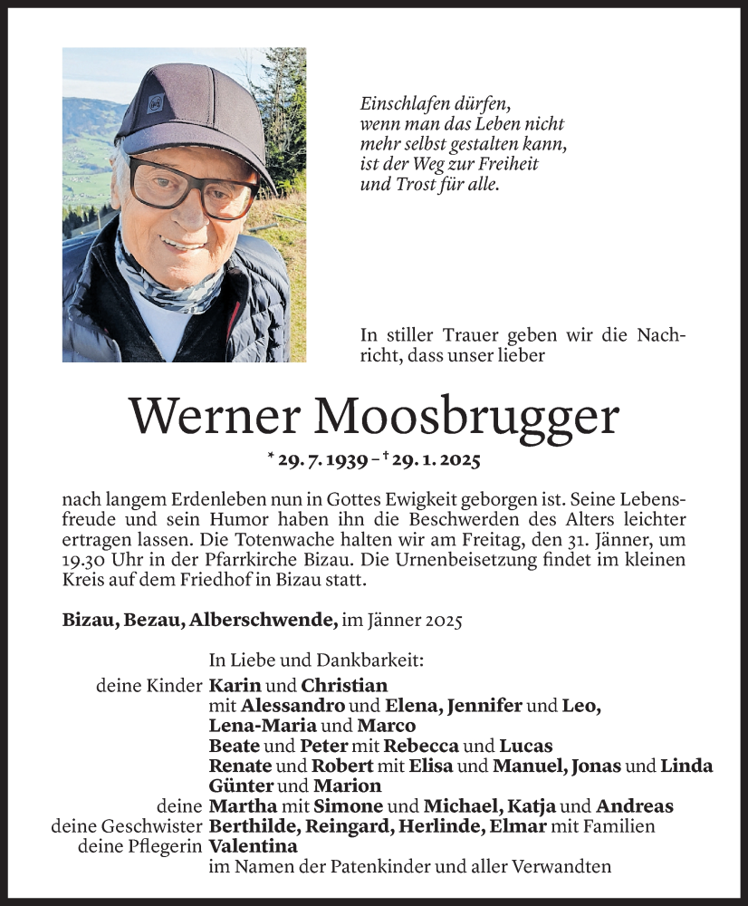  Todesanzeige für Werner Moosbrugger vom 29.01.2025 aus Vorarlberger Nachrichten