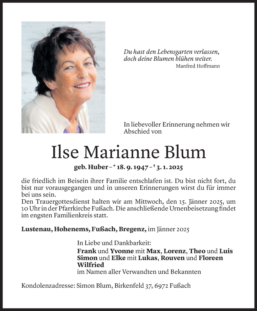  Todesanzeige für Ilse Marianne Blum vom 10.01.2025 aus Vorarlberger Nachrichten