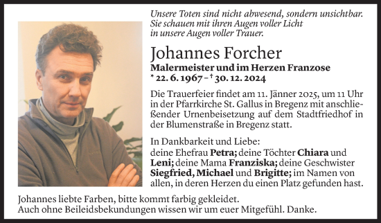 Todesanzeige von Johannes Forcher von Vorarlberger Nachrichten