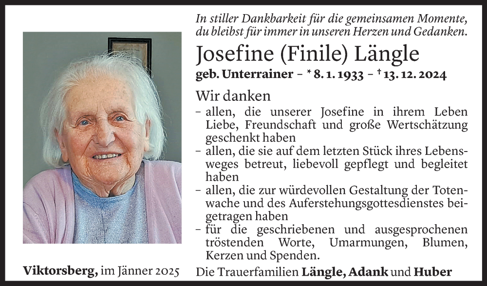  Todesanzeige für Josefine Längle vom 26.01.2025 aus Vorarlberger Nachrichten