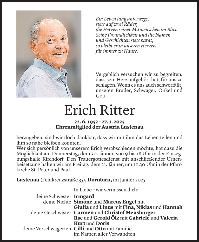  Todesanzeige für Erich Ritter vom 28.01.2025 aus Vorarlberger Nachrichten