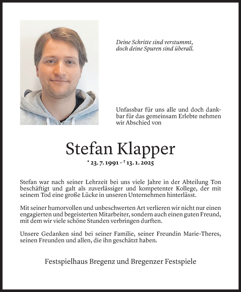  Todesanzeige für Stefan Klapper vom 19.01.2025 aus Vorarlberger Nachrichten