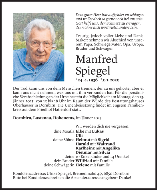 Todesanzeige von Manfred Spiegel von Vorarlberger Nachrichten