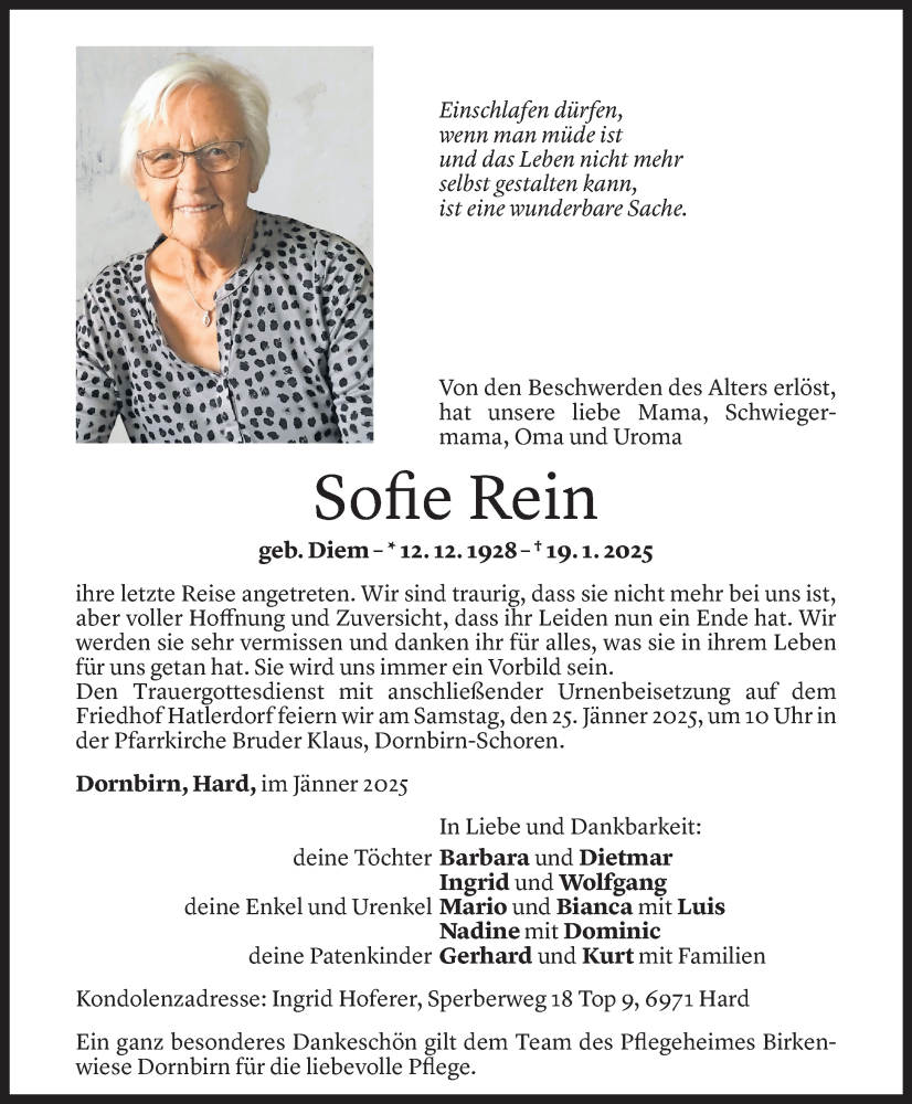  Todesanzeige für Sofie Rein vom 22.01.2025 aus Vorarlberger Nachrichten