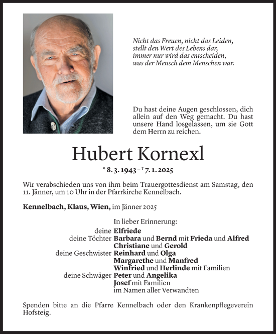 Todesanzeige von Hubert Kornexl von Vorarlberger Nachrichten