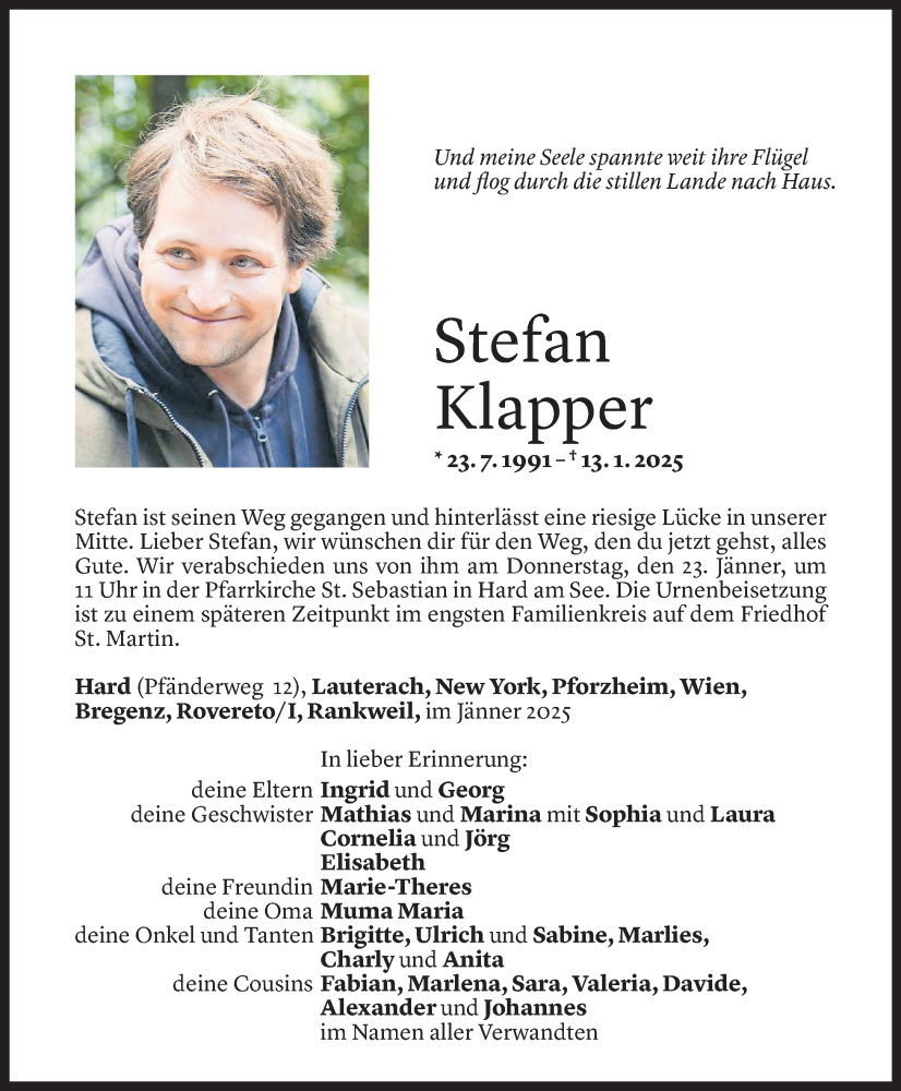  Todesanzeige für Stefan Klapper vom 17.01.2025 aus Vorarlberger Nachrichten