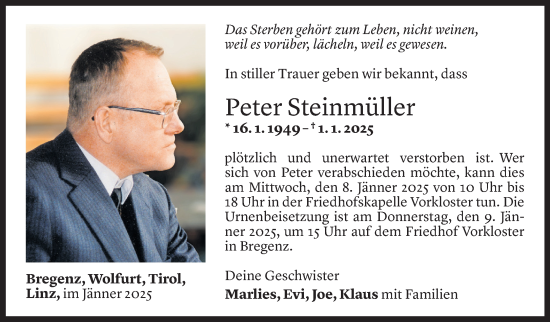 Todesanzeige von Peter Steinmüller von Vorarlberger Nachrichten