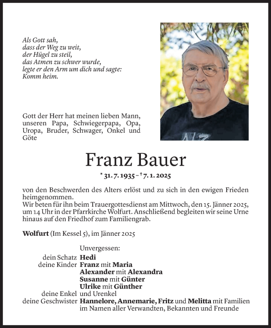 Todesanzeige von Franz Bauer von Vorarlberger Nachrichten