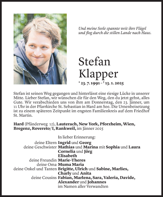 Todesanzeige von Stefan Klapper von Vorarlberger Nachrichten