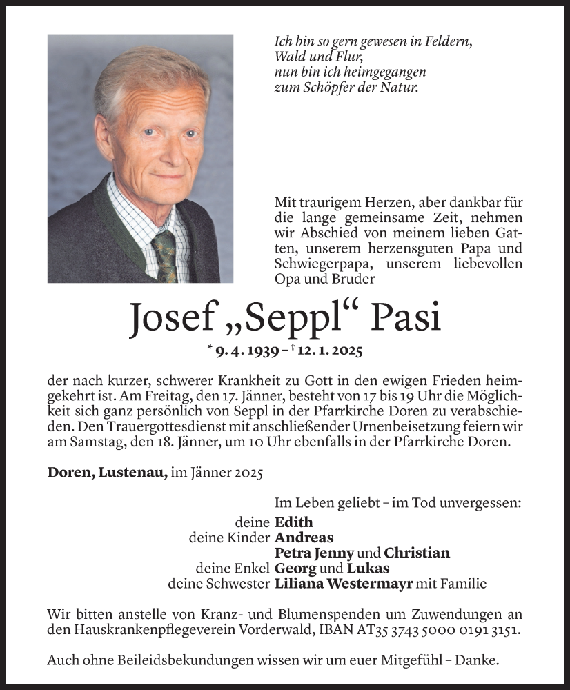  Todesanzeige für Josef Pasi vom 15.01.2025 aus Vorarlberger Nachrichten