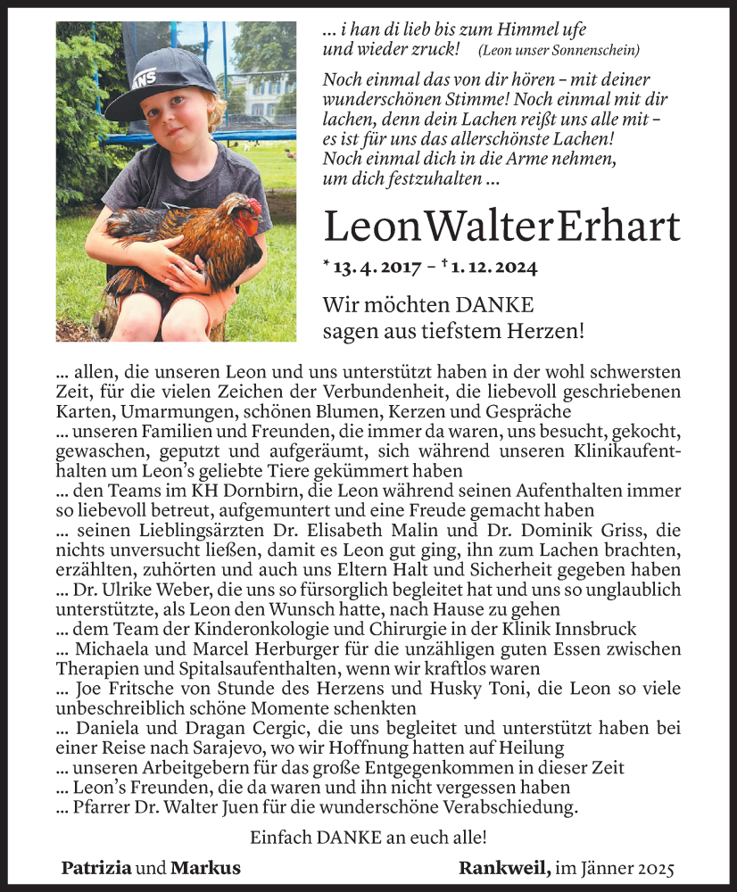  Todesanzeige für Leon Erhart vom 20.01.2025 aus Vorarlberger Nachrichten