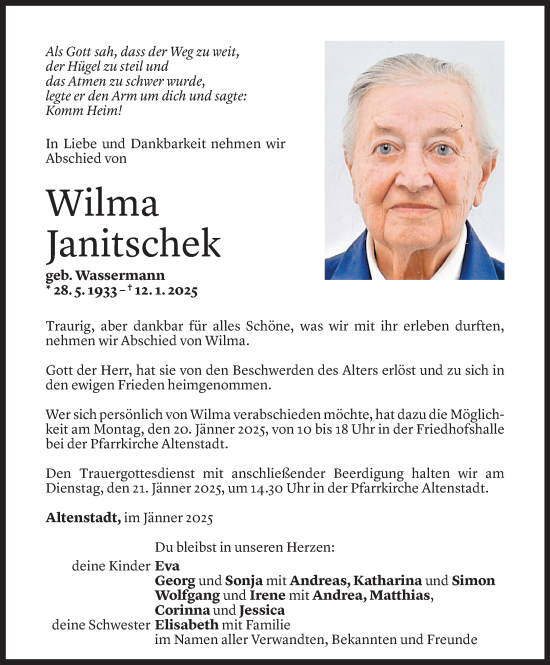 Todesanzeige von Wilma Janitschek von Vorarlberger Nachrichten