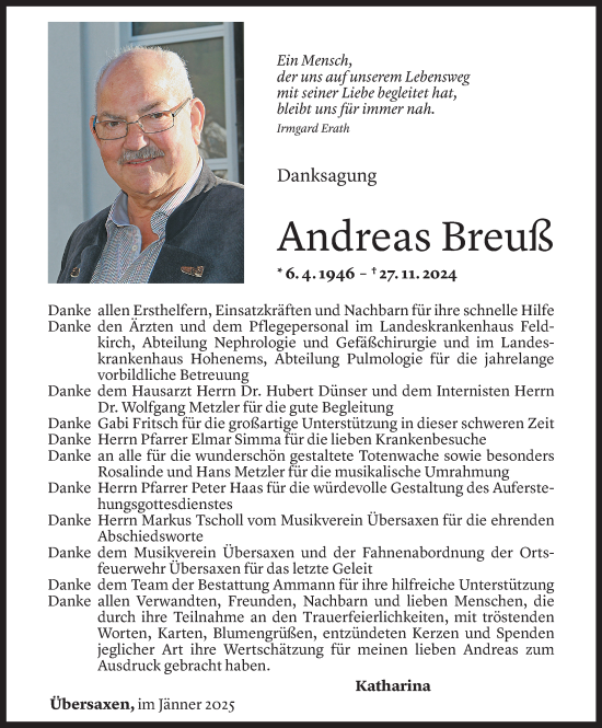 Todesanzeige von Andreas Breuß von Vorarlberger Nachrichten