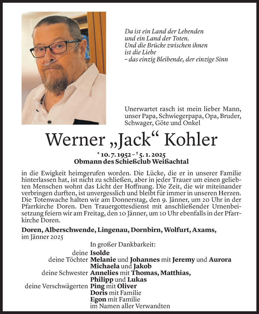  Todesanzeige für Werner Kohler vom 07.01.2025 aus Vorarlberger Nachrichten