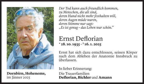 Todesanzeige von Ernst Deflorian von Vorarlberger Nachrichten