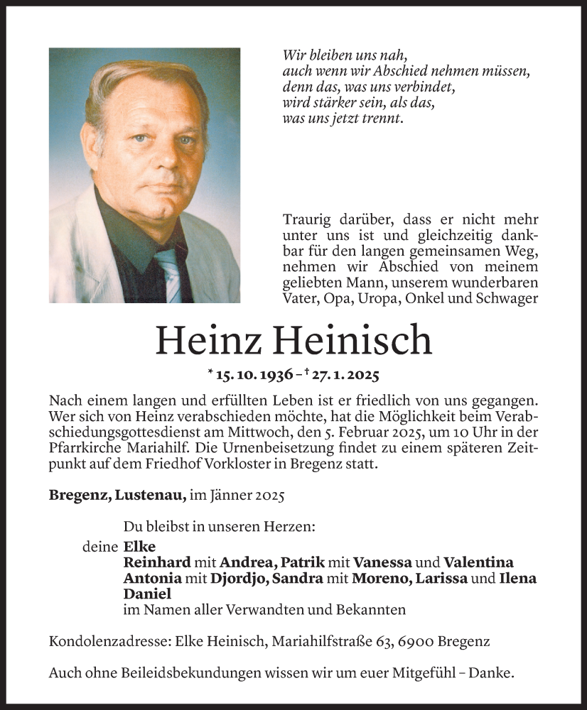  Todesanzeige für Heinz Heinisch vom 31.01.2025 aus Vorarlberger Nachrichten
