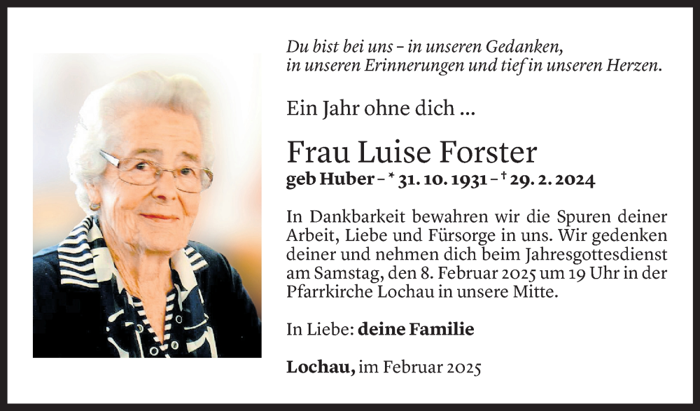  Todesanzeige für Luise Forster vom 04.02.2025 aus Vorarlberger Nachrichten