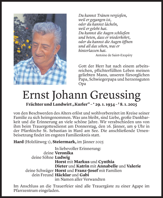 Todesanzeige von Ernst Johann Greussing von Vorarlberger Nachrichten