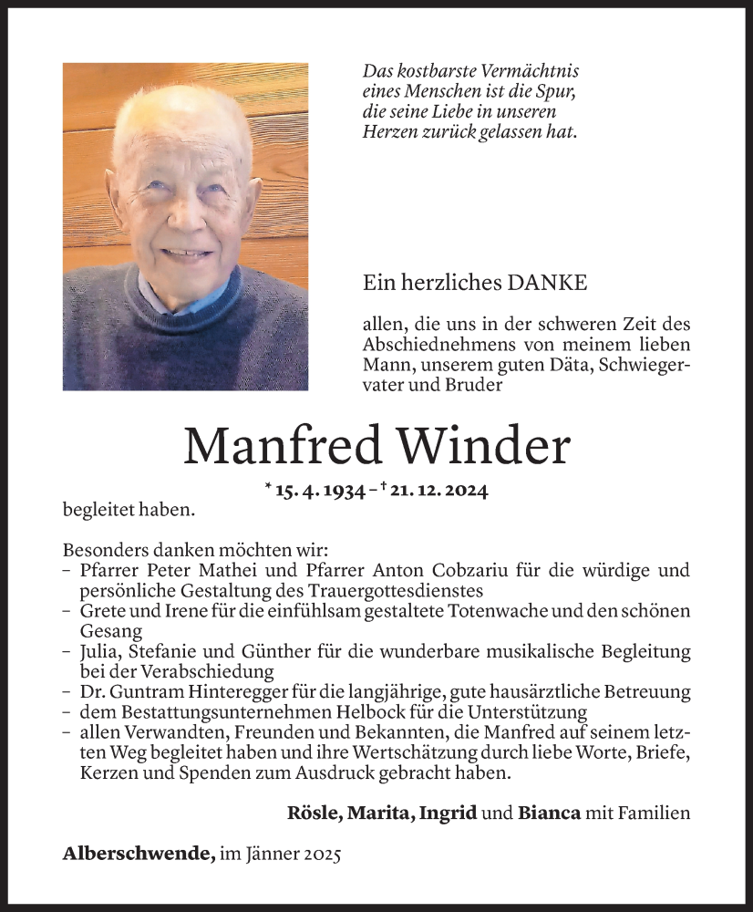  Todesanzeige für Manfred Winder vom 10.01.2025 aus Vorarlberger Nachrichten