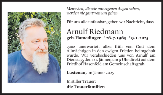 Todesanzeige von Arnulf Riedmann von Vorarlberger Nachrichten