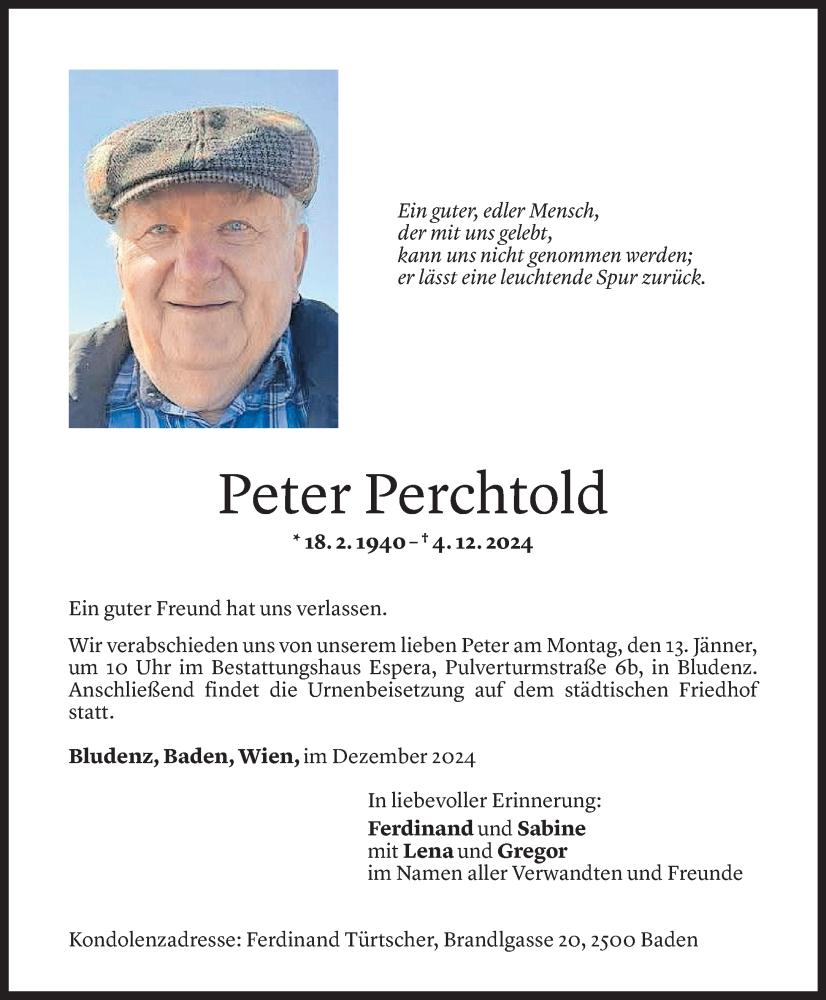  Todesanzeige für Peter Perchtold vom 03.01.2025 aus Vorarlberger Nachrichten