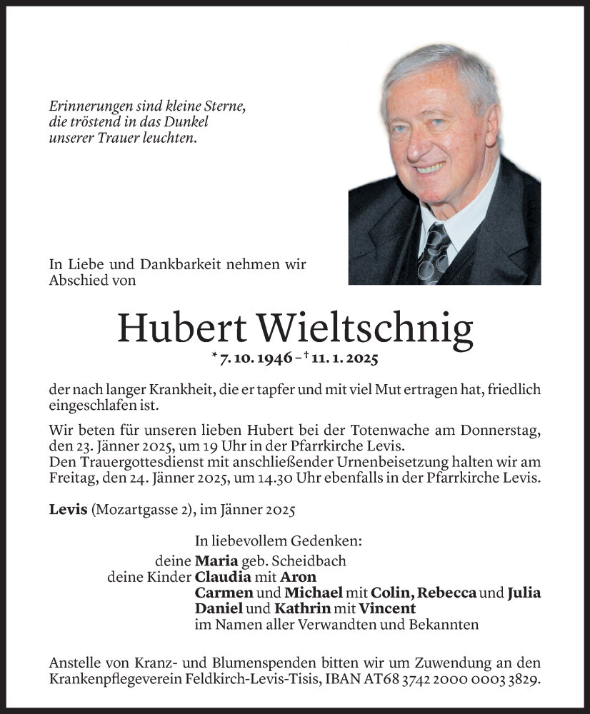  Todesanzeige für Hubert Wieltschnig vom 15.01.2025 aus Vorarlberger Nachrichten