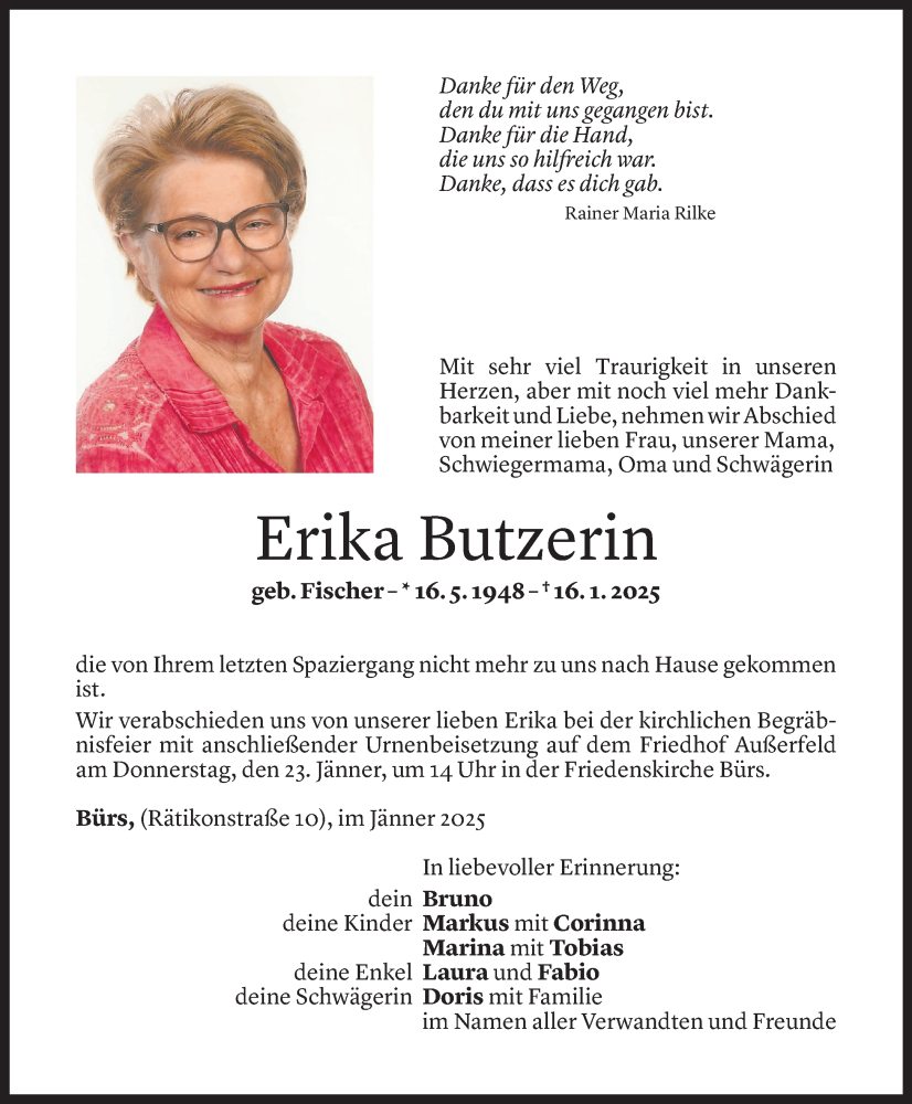  Todesanzeige für Erika Butzerin vom 20.01.2025 aus Vorarlberger Nachrichten