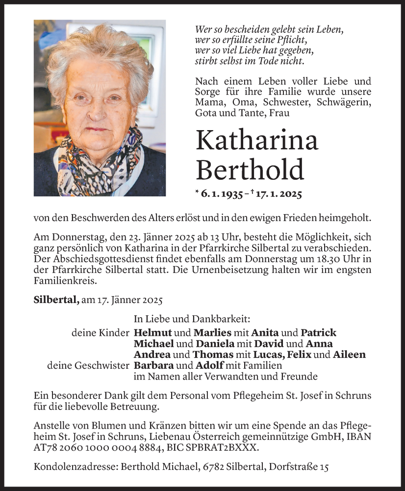  Todesanzeige für Katharina Berthold vom 21.01.2025 aus Vorarlberger Nachrichten